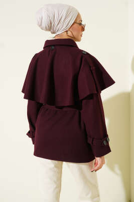 Apoletli Pelerinli Kısa Kaşe Kaban Bordo - Thumbnail