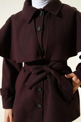 Apoletli Pelerinli Kısa Kaşe Kaban Acı Kahve - Thumbnail