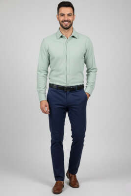 Waffle Desen Erkek Gömlek Su Yeşili - Thumbnail