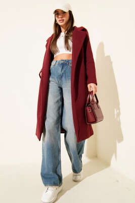 Pazarium - Kuşaklı Uzun Kaşe Kaban Bordo