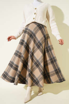 Pazarium - Ekose Desenli Kloş Kaşe Etek Camel