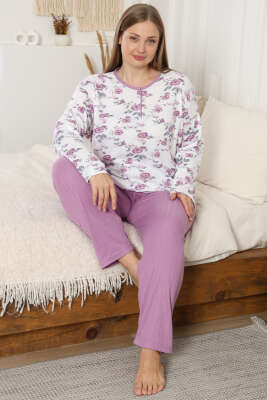 Pazarium - Çiçekli Fitilli Büyük Beden Pijama Takımı Lila