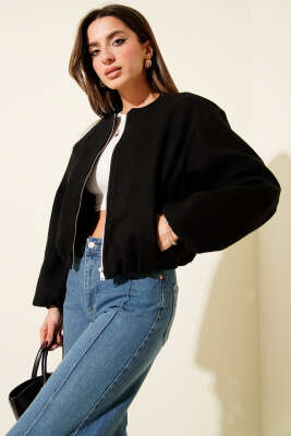 Pazarium - Cepli Fermuarlı Kısa Kaşe Ceket Siyah