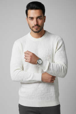 Pazarium - Bisiklet Yaka Labirent Desen Erkek Kazak Ekru