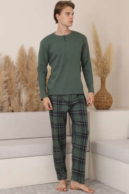 Pazarium - Düğmeli İnterlok Erkek Pijama Takımı Haki