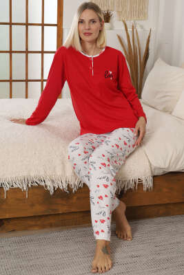 Pazarium - Love Baskılı Kadın Pijama Takımı Kırmızı
