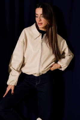 Pazarium - Gömlek Yaka Fermuarlı Deri Ceket Bej