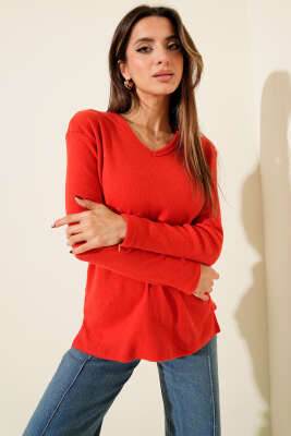 Pazarium - V Yaka Fitilli Kaşe Bluz Kırmızı