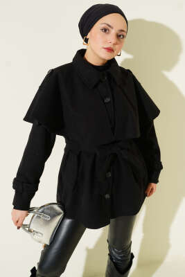 Apoletli Pelerinli Kısa Kaşe Kaban Siyah - Thumbnail