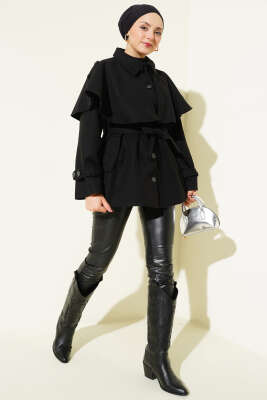 Apoletli Pelerinli Kısa Kaşe Kaban Siyah - Thumbnail