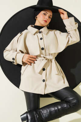 Pazarium - Apoletli Pelerinli Kısa Kaşe Kaban Bej