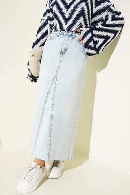 Pazarium - Parçalı Kot Etek Açık Kar