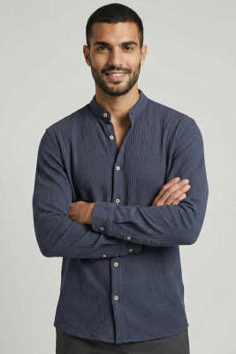 Pazarium - Pirinç Örgü Hakim Yaka Erkek Gömlek Füme