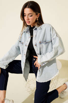 Pazarium - Püsküllü Salaş Kot Ceket Açık Kar