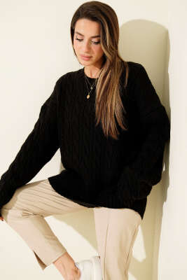 Pazarium - Saç Örgülü Salaş Triko Kazak Siyah