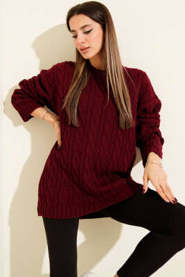 Pazarium - Saç Örgülü Salaş Triko Kazak Bordo