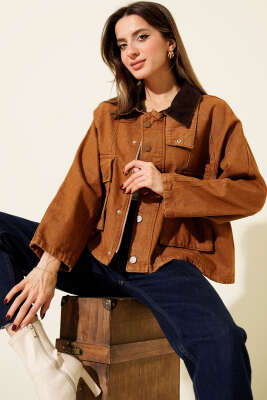 Kadife Yaka Oversize Kısa Ceket Taba - Thumbnail