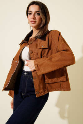 Kadife Yaka Oversize Kısa Ceket Taba - Thumbnail