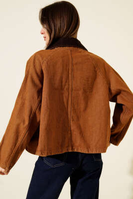 Kadife Yaka Oversize Kısa Ceket Taba - Thumbnail