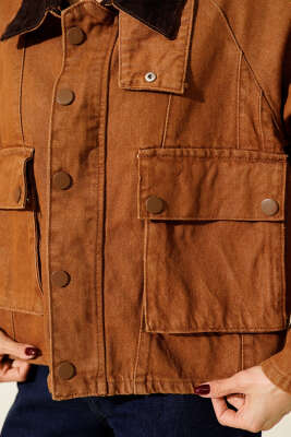 Kadife Yaka Oversize Kısa Ceket Taba - Thumbnail