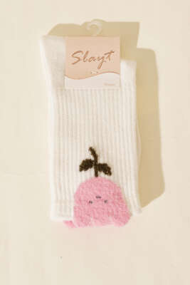 Pazarium - Gül Desenli Sakallı Soket Kadın Çorap Ekru