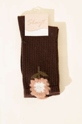 Pazarium - Gül Desenli Sakallı Soket Kadın Çorap Kahve