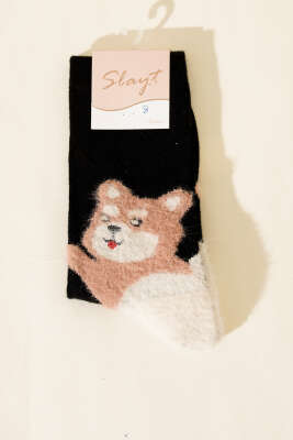 Pazarium - Kedi Figürlü Sakallı Soket Çorap Siyah