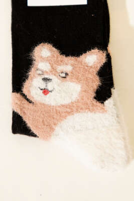 Kedi Figürlü Sakallı Soket Çorap Siyah - Thumbnail