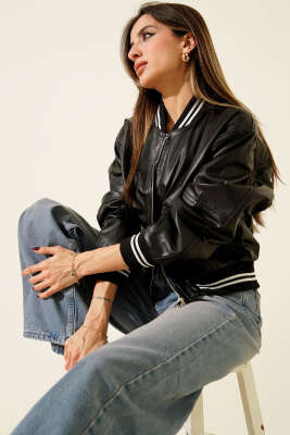 Torba Cepli Ribanalı Kısa Deri Ceket Siyah - Thumbnail