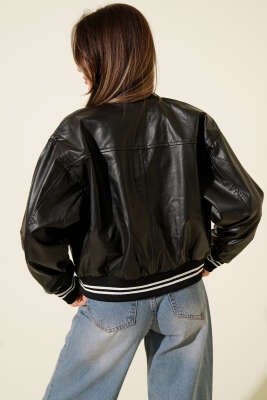 Torba Cepli Ribanalı Kısa Deri Ceket Siyah - Thumbnail