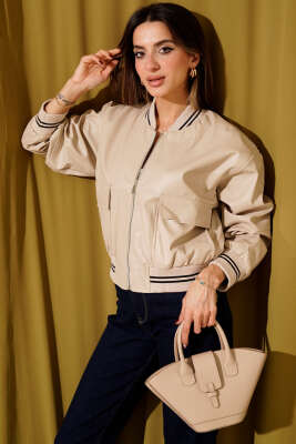 Torba Cepli Ribanalı Kısa Deri Ceket Bej - Thumbnail