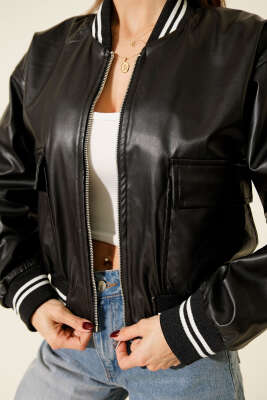 Torba Cepli Ribanalı Kısa Deri Ceket Siyah - Thumbnail