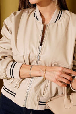 Torba Cepli Ribanalı Kısa Deri Ceket Bej - Thumbnail