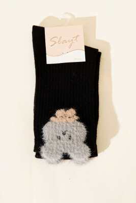 Pazarium - Figürlü Sakallı Kadın Soket Çorap Siyah