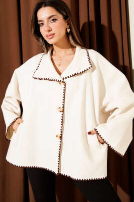 Pazarium - Dikiş Detaylı Düğmeli Kaşe Panço Bej