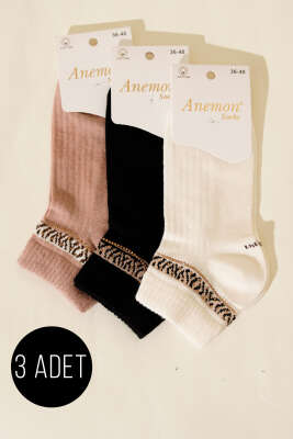 Pazarium - Kadın 3'lü Taş Detaylı Kısa Konç Çorap Asorti 1