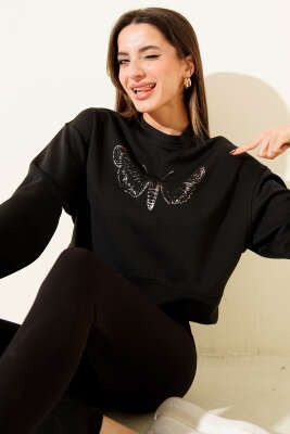 Pazarium - Kelebek Baskılı Kısa Sweatshirt Siyah