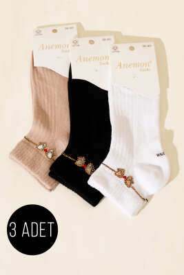 Pazarium - Kadın 3'lü Taş Detaylı Kısa Konç Çorap Asorti 8