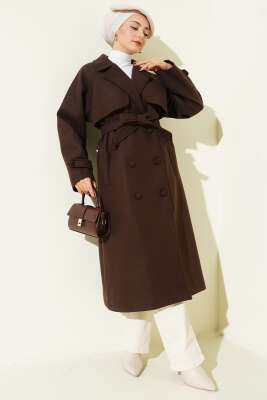 Pazarium - Bilek Apoletli Parçalı Kaşe Kaban Acı Kahve