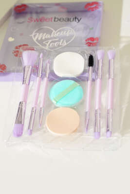 Pazarium - 6'li Pudra Süngerli Makyaj Fırça Seti Mor