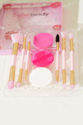 Pazarium - 6'li Pudra Süngerli Makyaj Fırça Seti Pembe