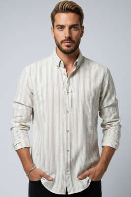 Pazarium - Kesik Çizgili Erkek Keten Gömlek Kahve