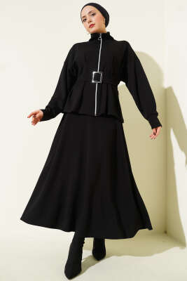 Pazarium - Bel Pensli Kuşaklı Loyşa Etekli İkili Takım Siyah