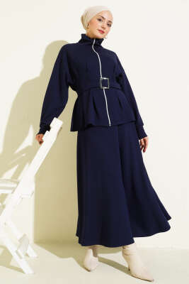 Pazarium - Bel Pensli Kuşaklı Loyşa Etekli İkili Takım Lacivert