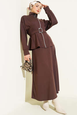 Pazarium - Bel Pensli Kuşaklı Loyşa Etekli İkili Takım Kahve