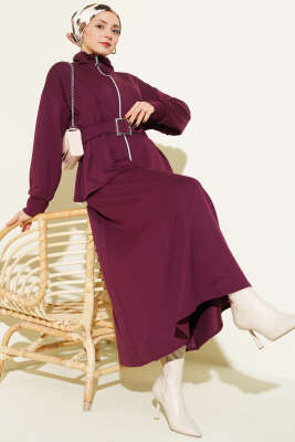 Pazarium - Bel Pensli Kuşaklı Loyşa Etekli İkili Takım Bordo