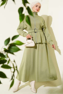 Pazarium - Bel Pensli Kuşaklı Loyşa Etekli İkili Takım Çağla Yeşili