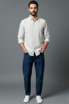 Kesik Çizgili Erkek Keten Gömlek Lacivert - Thumbnail