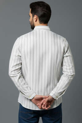 Kesik Çizgili Erkek Keten Gömlek Lacivert - Thumbnail