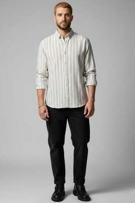 Kesik Çizgili Erkek Keten Gömlek Siyah - Thumbnail